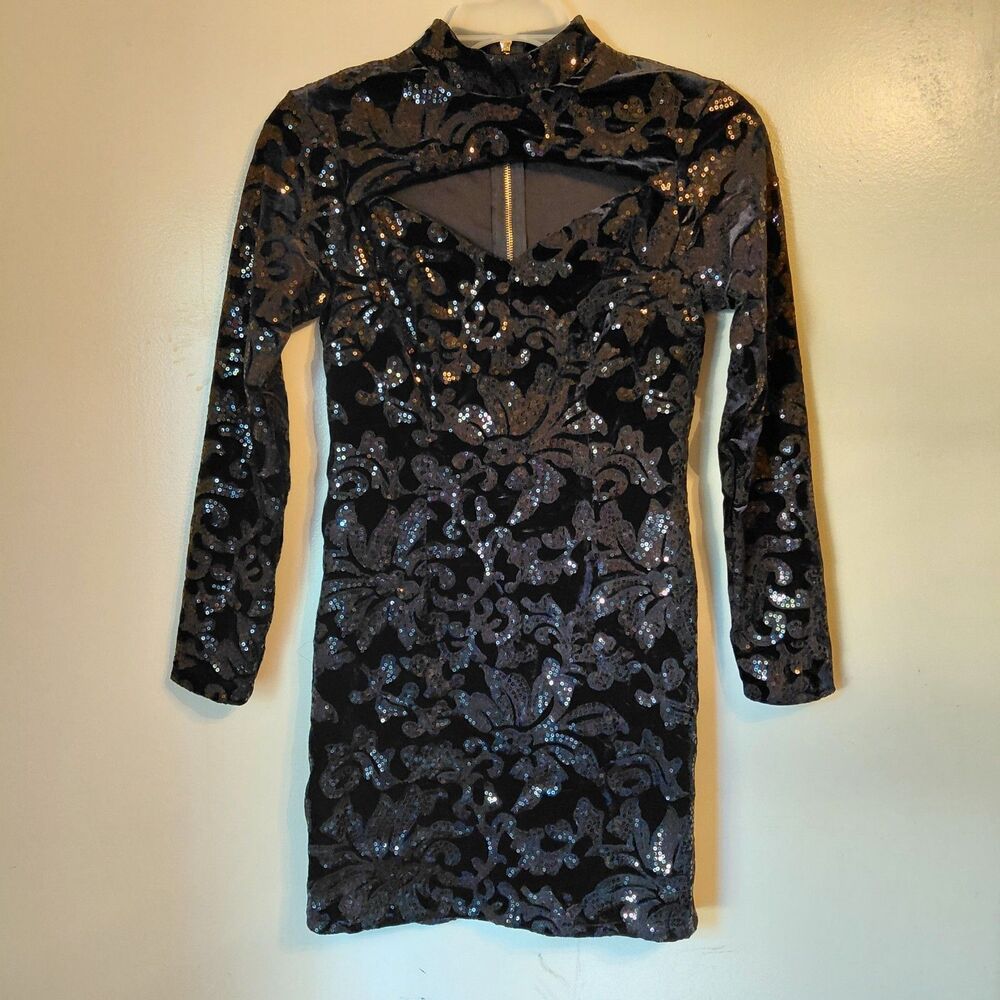 Y2K Whimsigoth Black Sequin Prom Dress L Bodycon Cutout Goth Glam Dark Feminine - Picture 2 of 15